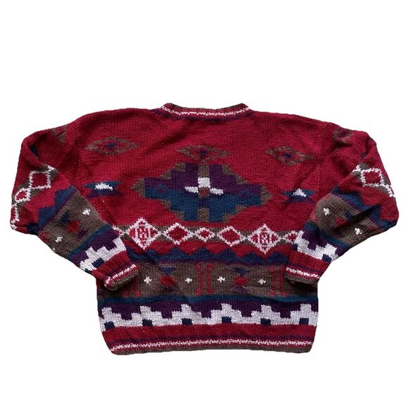 Vintage LL Bean Aztec Sweater 90s Medium Red Purple Green Wool Southwestern - Picture 3 of 8